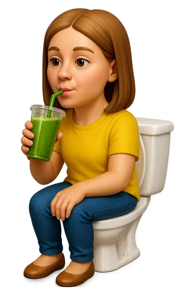 emoji stile iphone di una donna seduta sul wc che beve uno smoothies verde, iperrealistico 4k sticker