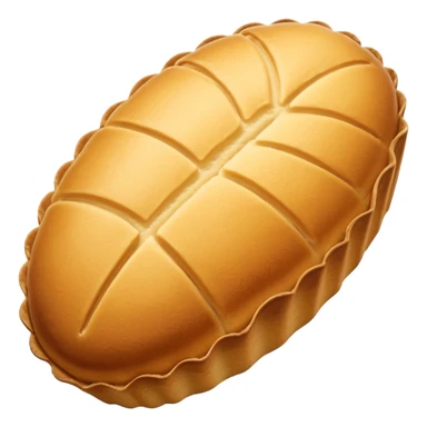 A madeleine pastry. Oval shaped with vertical lines going in the same direction as the oval. Light golden brown. Scalloped edge. Cookie. sticker