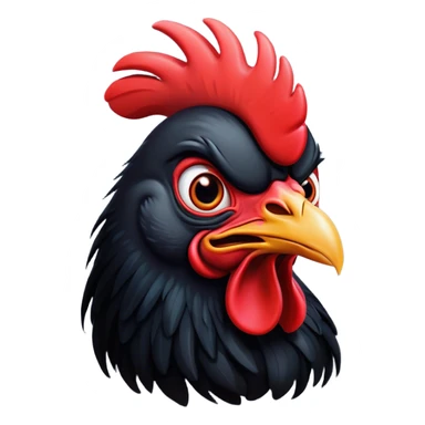 Cinematic Comical Black Rooster Portrait Emoji, Head tilted dramatically with an exaggeratedly shocked or amused expression, featuring a striking pure black plumage with a bold red comb, wide, expressive eyes filled with playful disbelief, Simplified yet hilariously expressive features, highly detailed, glowing with a slightly sassy glow, high shine, dramatic yet playful, stylized with an air of cheeky mischief, bright and endearing, soft glowing outline, capturing the essence of a spirited and over-the-top rooster, so meme-worthy it feels like it could crow its way into internet fame instantly! sticker