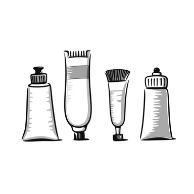 Set of artist's paint tubes with different sizes and caps. Some tubes are squeezed in the middle. Using specific pastel colors (dd9fb0, ffc6d3, a3bfc9, c4bee2, f1b091). Hand-drawn doodle style with intricate details. Transparent background. sticker