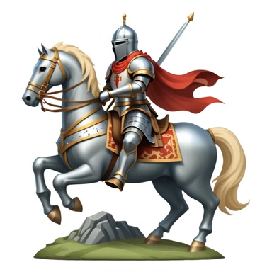 An icon representing an adventure game, inspired by medieval fantasy worlds. The design features a noble knight in gleaming armor, riding a powerful warhorse through a misty battlefield. The backdrop includes towering castles and banners flying in the wind, evoking a sense of honor, duty, and epic quests. Transparent background. sticker