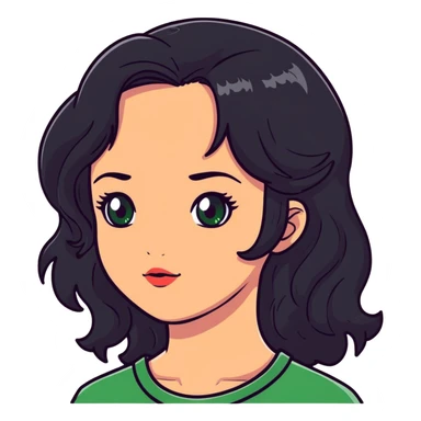girl with green eyes, white skin, wavy black hair, red hair at the back of her neck sticker