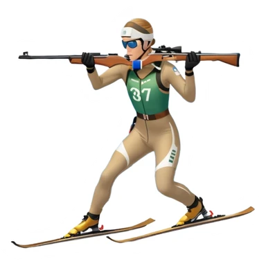 An icon featuring snow-covered trees, distant mountains, and a clear blue sky with a biathlete in motion, holding a rifle and skiing across a snowy course. Transparent background highlights the precision, endurance, and excitement of biathlon. sticker