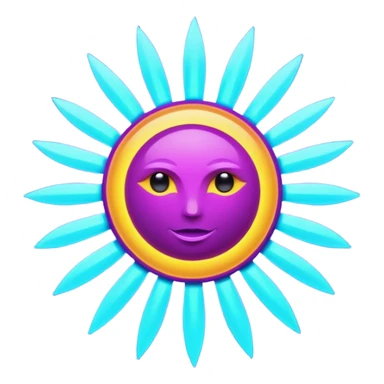 Futuristic glowing sun emoji, neon rays, bright holographic purple and cyan glow, dark background, digital tech style sticker