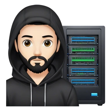 hackeur blanc cheveux noir barbe et capuche noir à côté d'un server ia sticker
