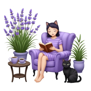 moji illustration, full body woman reading a book on a cozy armchair in a lavender garden, two separate cats next to her (one solid black cat, one brown tabby cat with stripes), small side table with coffee mug, soft peaceful vibe sticker