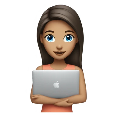 A brunette girl, blue eyes, works on a MacBook sticker