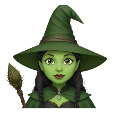 elphaba the wicked witch from wicked movie (cynthia erivo) dark long textured hair, thick lips, green skins, witch hat, witch broom sticker