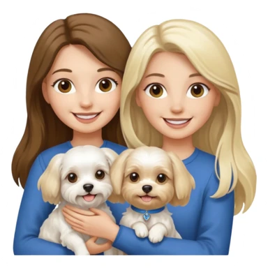 two women holding one Maltese dog one is brunette the other is blonde long haired  sticker
