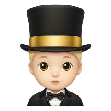 a baby in a black top hat with a gold stripe sticker