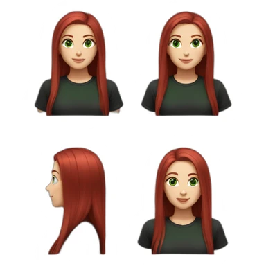 woman, long straight ruby hair, white skin, green eyes, black tshirt sticker