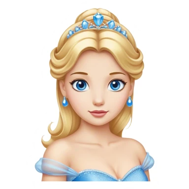 Cinematic Realistic Comical Cinderella Portrait, with every detail rendered realistically—from the soft, smooth texture of her fair skin to her artfully styled golden-blonde hair. Her bright blue eyes are wide with playful disbelief, and her expression carries a touch of whimsical humor while retaining elegant poise. Her classic ball gown, detailed with rich fabric textures and natural shadows, catches the light in a way that blends refined beauty with a hint of cheeky mischief, creating a striking, lifelike portrayal. sticker