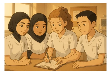 Four nursing students in Ghibli style, collaborating and interacting indoors. Wearing short-sleeved white uniforms with V-neck medical tunics, left chest pocket, no collar stand, no stethoscopes, bare forearms, long hair tied back for those who have it. Inspired by the four people in the reference photos. Warm and professional scene. sticker