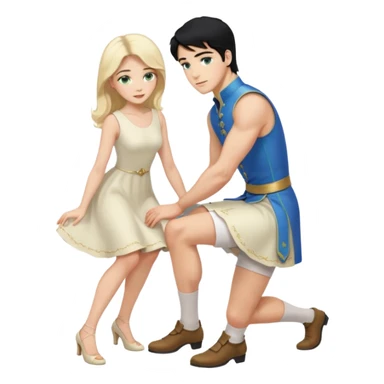 prince, upright, black Hair, blue eyes, Woman, blonde Hair, Green eyes, bending knee, sleveless White Dress, sticker