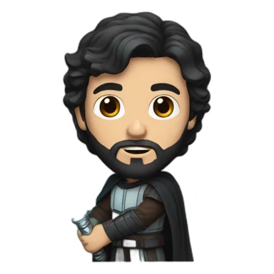A white Portuguese with black and medium-length hair and a beard holding a lightsaber sticker