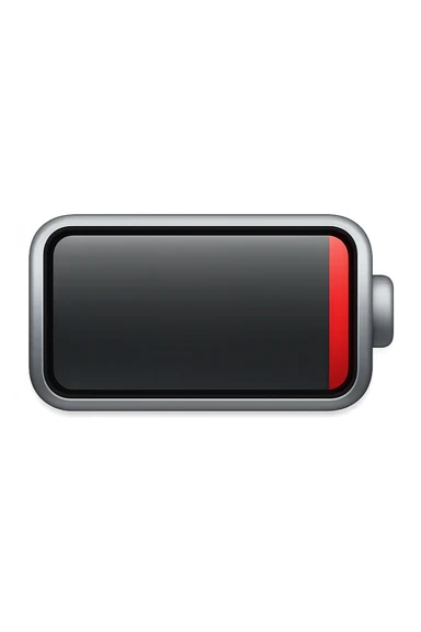 iPhone-style emoji of a battery that is almost empty, with a red bar at the end indicating low energy. Clean, minimal, glossy look, transparent background. sticker