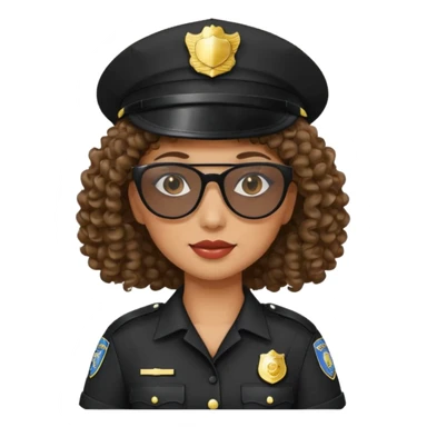 woman police wearing black dress with sun glasses curly hair and hat sticker