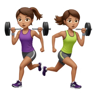 two women, one running and one lifting weights. brown hair, olive skin, hazel eyes. sticker