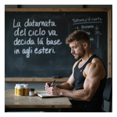 realistic young bodybuilder in sportswear taking notes in a notebook while looking at a blackboard with Italian text 'La durata del ciclo va decisa in base agli esteri', testosterone boxes next to him, learning atmosphere, gym background, 4K quality sticker