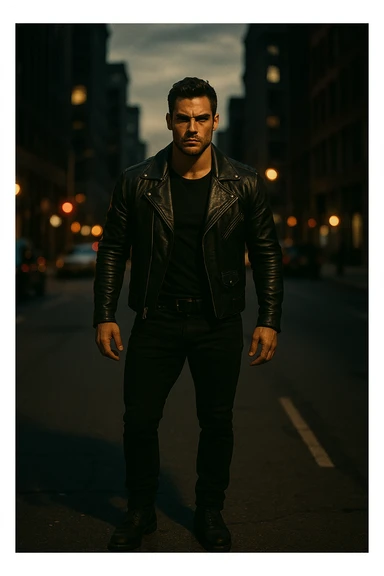 A confident, strong man standing in the middle of a city street at dusk, wearing a black leather jacket and boots, sharp jawline, intense gaze. Radiating masculine energy. Cinematic lighting, moody urban background, dramatic shadows, shallow depth of field. 35mm film style sticker