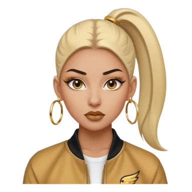 “Emoji girl, fierce confident expression, sharp winged eyeliner, bold brows, matte nude lips, long lashes, sleek high ponytail, wearing gold hoop earrings and sporty streetwear jacket.” sticker