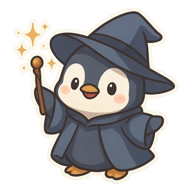playful penguin in wizard robes, big pointed hat, waving a magic staff with sparkles sticker