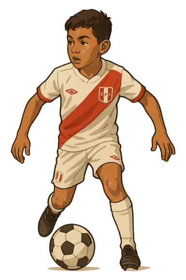young Peruvian soccer player in action with ball, simplified realistic style sticker