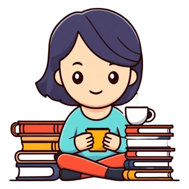 Tired girl cramming for exams with books and coffee sticker