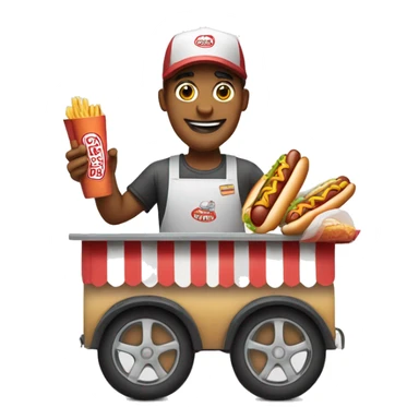 hot dog vendor holding a hot dog in his hand with a hot dog stand in the background with a white background sticker