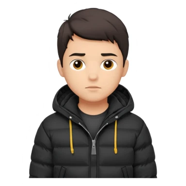 Style anchor + Young adult male American, medium skin, short dark hair, black puffer jacket over hoodie, neutral focused. sticker