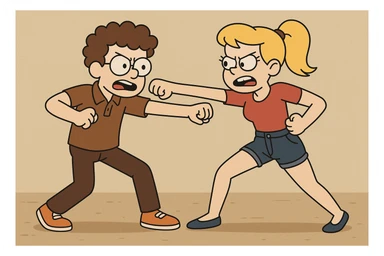 Fighting a boy brown Curly hair circle glasses Royal Pro polo brown jeans orange shoes and a girl Yellow ponytail hair red shirt high waisted dark blue denim shorts blue shoes sticker
