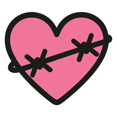 gothic heart with barbed wire, color icon filled style, pink and black sticker