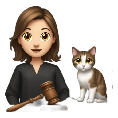 a young girl with brown hair grabbing a Gavel like a judge, and with two cats behind her, one black and the other one snowshoe sticker