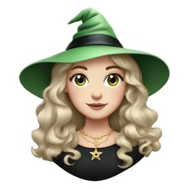 Witchy brunette haired green eyed lightly freckled white girl with a witty smile a gold necklace and a black witch hat with a baby pink bow sticker