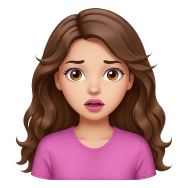 girl with long wavy brown hair, brown eyes, light to medium complexion, in a pink shirt, pink lips, long lashes, surprised, wow sticker