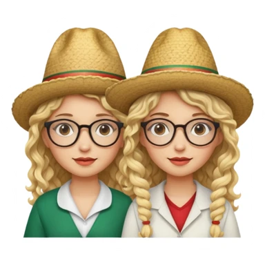 2 blonde girls, one with curly hair and glasses and the other with straight hair and glasses. both wearing Mexican hats sticker