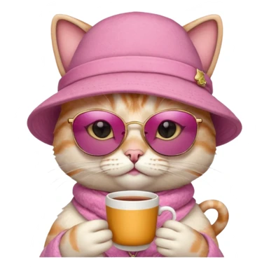 Pink cat with hat, holding cup of tea, wearing sunglasses sticker