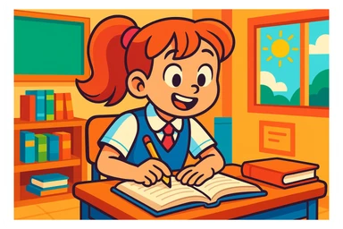 school girl in uniform studying, vibrant classroom background, expressive, modern cartoon style sticker