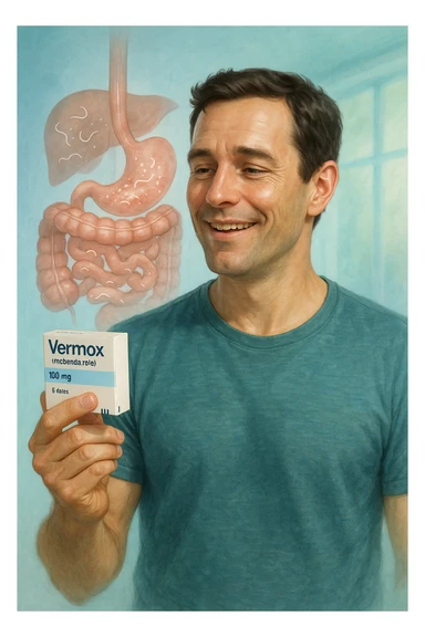 A realistic, cinematic illustration of a man in his late 30s holding a small white box of ‘Vermox’ (mebendazole) in one hand, with a relieved and hopeful expression on his face. Behind him, a semi-transparent overlay shows his digestive tract where small, symbolic worm-like parasites are dissolving and disappearing, indicating the medication’s effect. The environment is clean and bright, with a medical yet hopeful tone, conveying the concept of effective parasite removal. Subtle blue and green tones symbolize cleansing and health restoration, while the man appears energized and ready to reclaim his well-being sticker