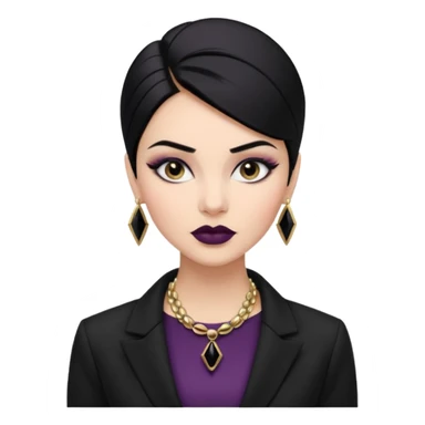 “Emoji girl, sculpted contour, bold dark lipstick, defined brows, sharp eyeliner, sleek black hair updo, statement necklace, black blazer.” sticker