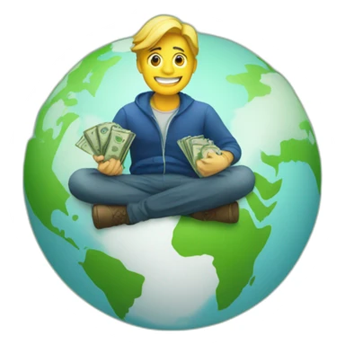 man sitting on globe with money bag sticker