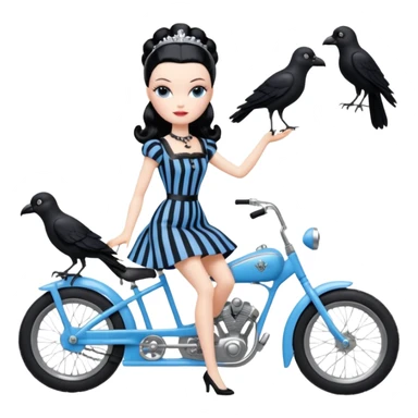 1920s coal hair hotrod Silkstone Marie Antoinette Barbie Wednesday Addams from academy in a blue and black vertically-striped classic dress. riding hot rod bikes with crows sticker