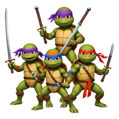 Vector emoji sticker of 4 Ninja Turtles: Leo (blue/swords), Raph (red/sais), Donnie (purple/staff), and Mikey (orange/nunchucks). Action poses, NYC rooftop, pizza box, bold comic style, white border. ONLY 4! sticker