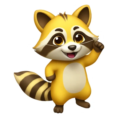 create me a cute  yellow raccoon emot waving sticker