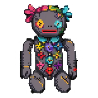 A colorful pixelated voodoo doll with bright fabric patches in different colors, button eyes, and colorful pins sticker