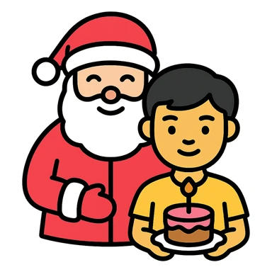An Asian boy holding a small cake with a candle, Santa Claus in the background sticker