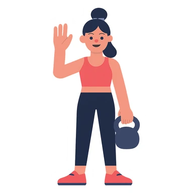 flat design style sport girl with kettlebell in one hand and waving hello with the other sticker