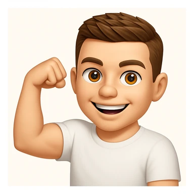 Based on these photos, make an emoji with facial features intact, man in white t-shirt, showing muscles sticker