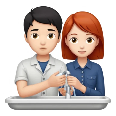 asian black haired boy fixes sink for redhead girlfriend sticker