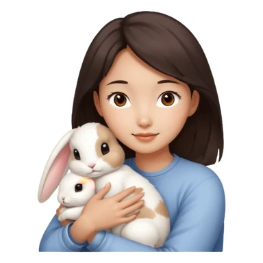 A young Asian woman with dark brown, almost Asian girl with dark brown hair, brown eyes, light Asian skin, hugging a white rabbit with light brown spots, soft and warm atmosphere.
  sticker